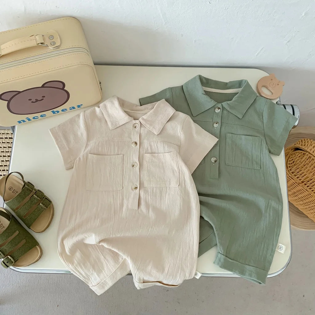 Solid Color Baby Romper – Summer Short Sleeve Creeper with Pocket for Infants