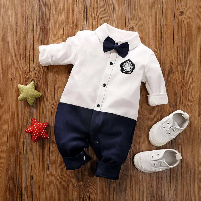 Handsome Gentleman Baby Romper – Soft Cotton Long Sleeve Bodysuit for Newborns