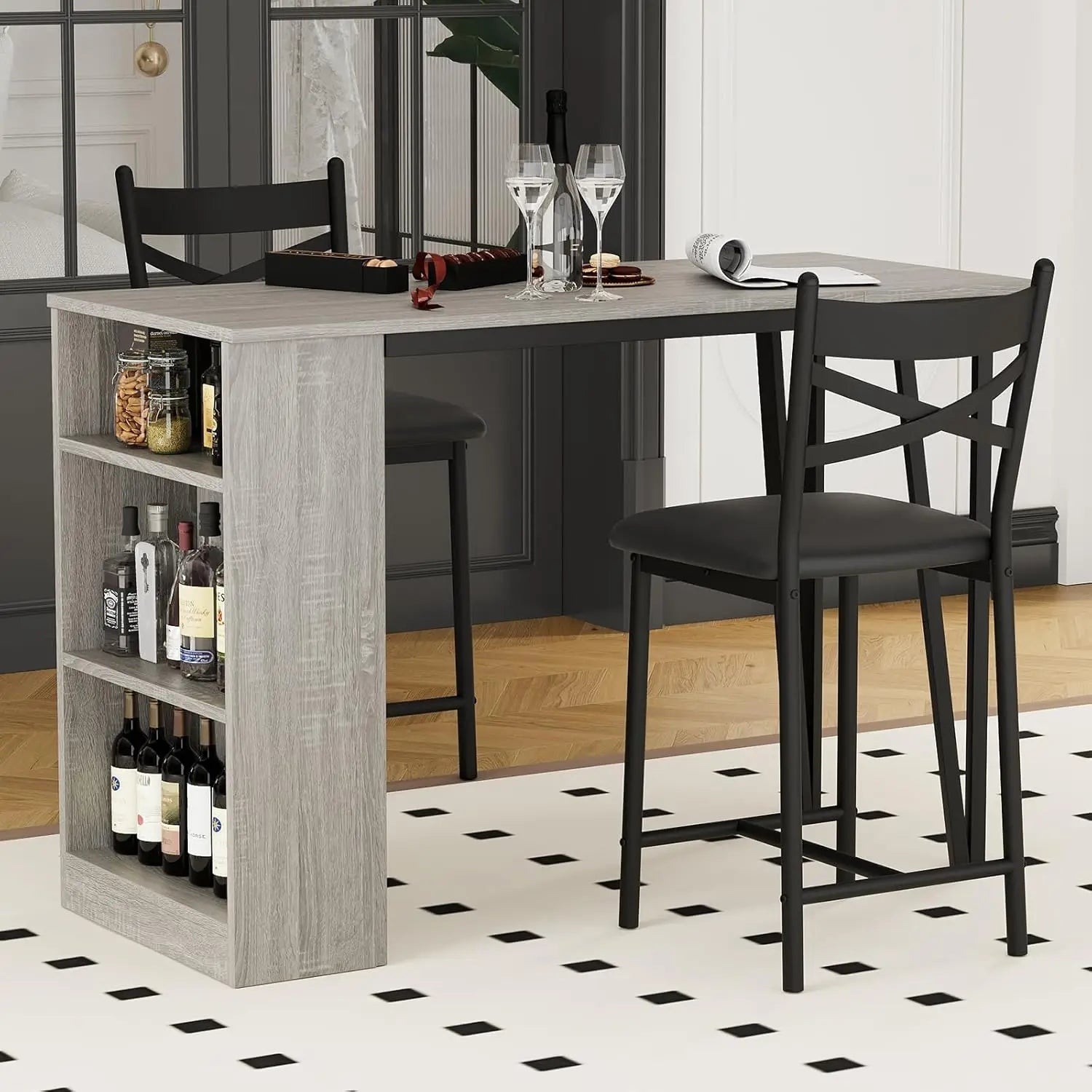 3-Piece Dining Room Table Set with 2 Upholstered Chairs & Storage Shelves, Space-Saving Breakfast Nook & Coffee Bar Table for Small Spaces