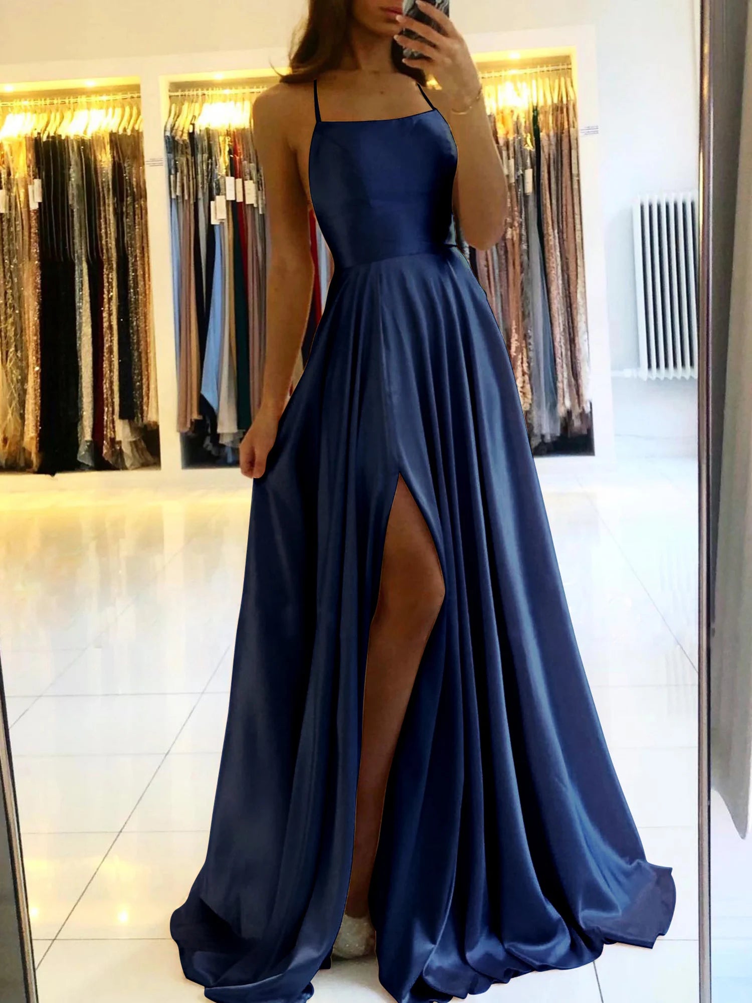Elevate your evening style with the chic satin cocktail dress from MisShow. Designed with modern sophistication and feminine elegance, this navy blue midi gown is the perfect choice for cocktail parties, prom nights, formal d