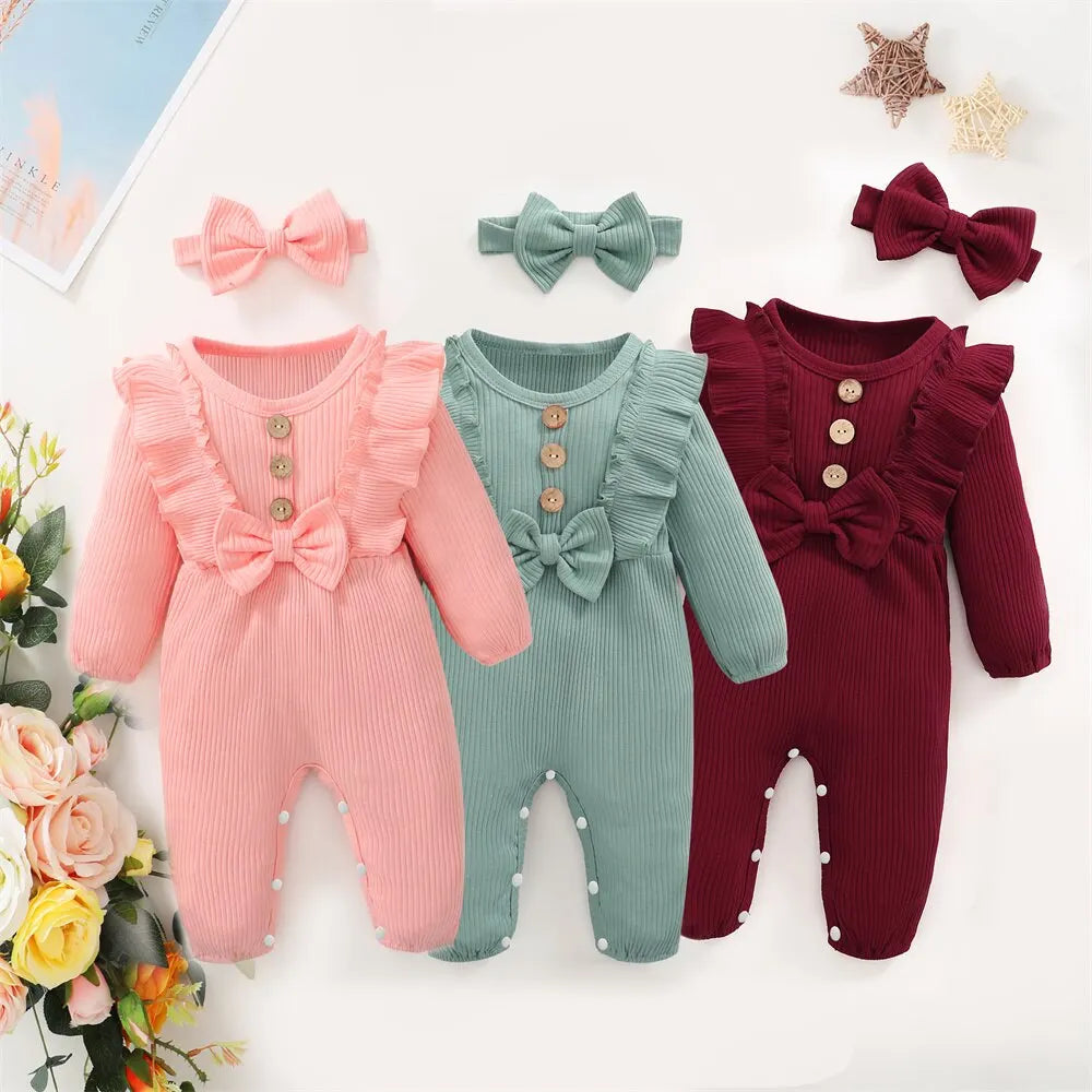 Baby Girl Ruffle Romper Set – Long Sleeve Onesie with Matching Headband