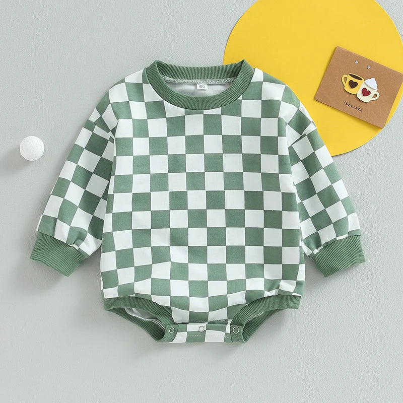 Checkered Baby Sweatshirt Romper – Oversized Long Sleeve Bubble Jumpsuit for Boys & Girls