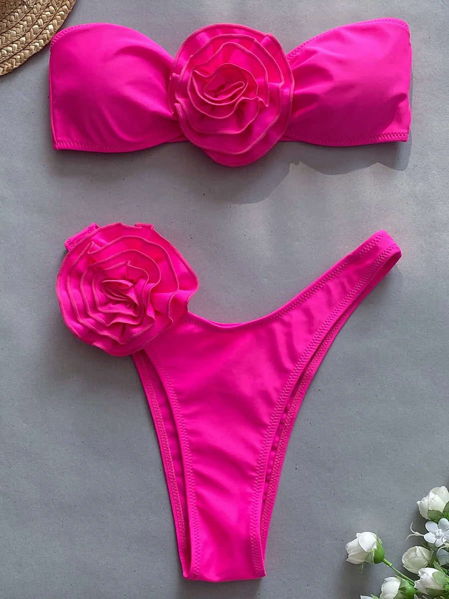 Women’s 3D Flower Bandeau Bikini Set – Brazilian High-Cut Swimwear