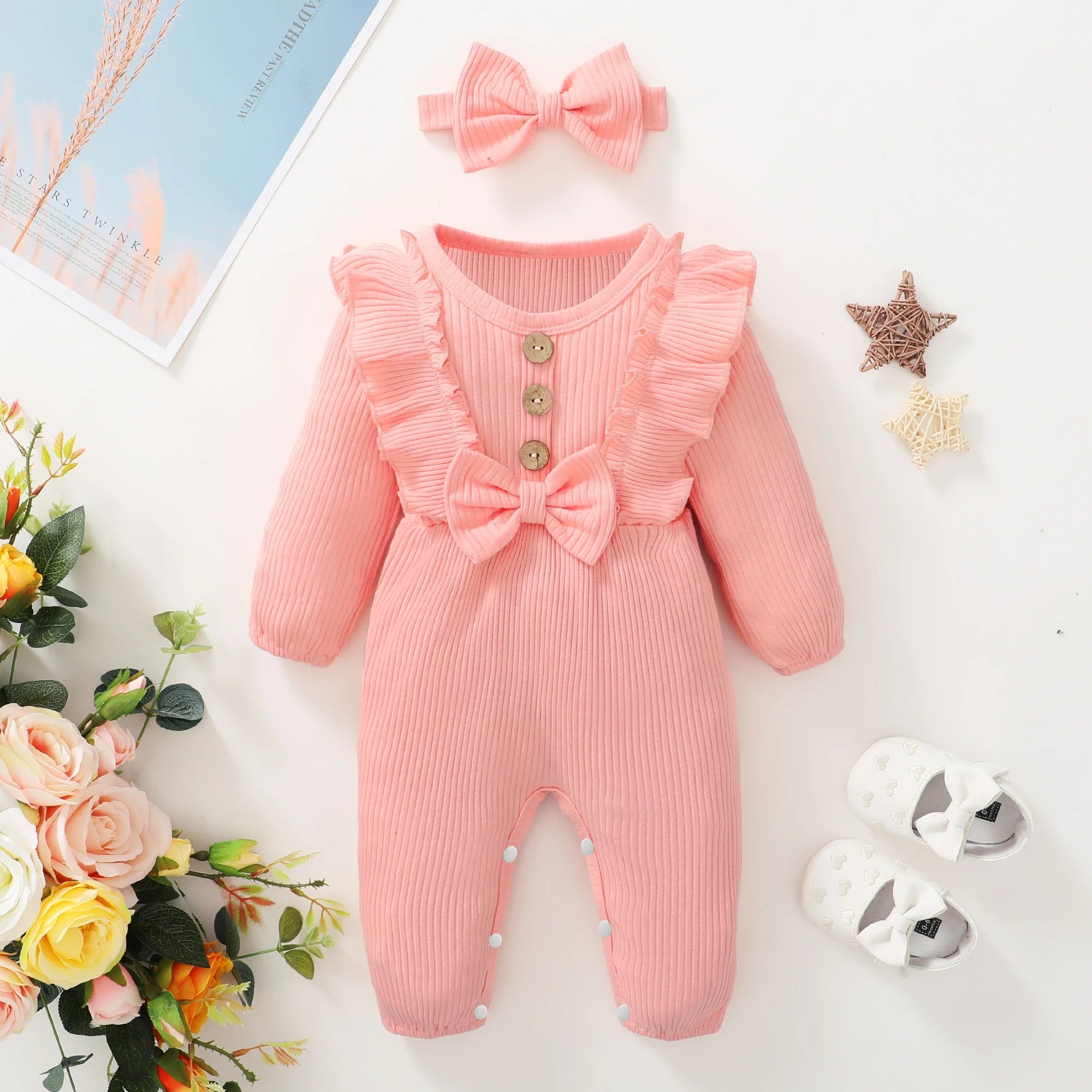Newborn Baby Girl Ruffle Romper – Long Sleeve Onesie with Headband Set