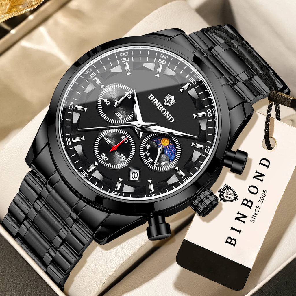 BINBOND Men’s Quartz Watch — luxury design with luminous hands, chronograph function, and auto date, combining business elegance with sporty style