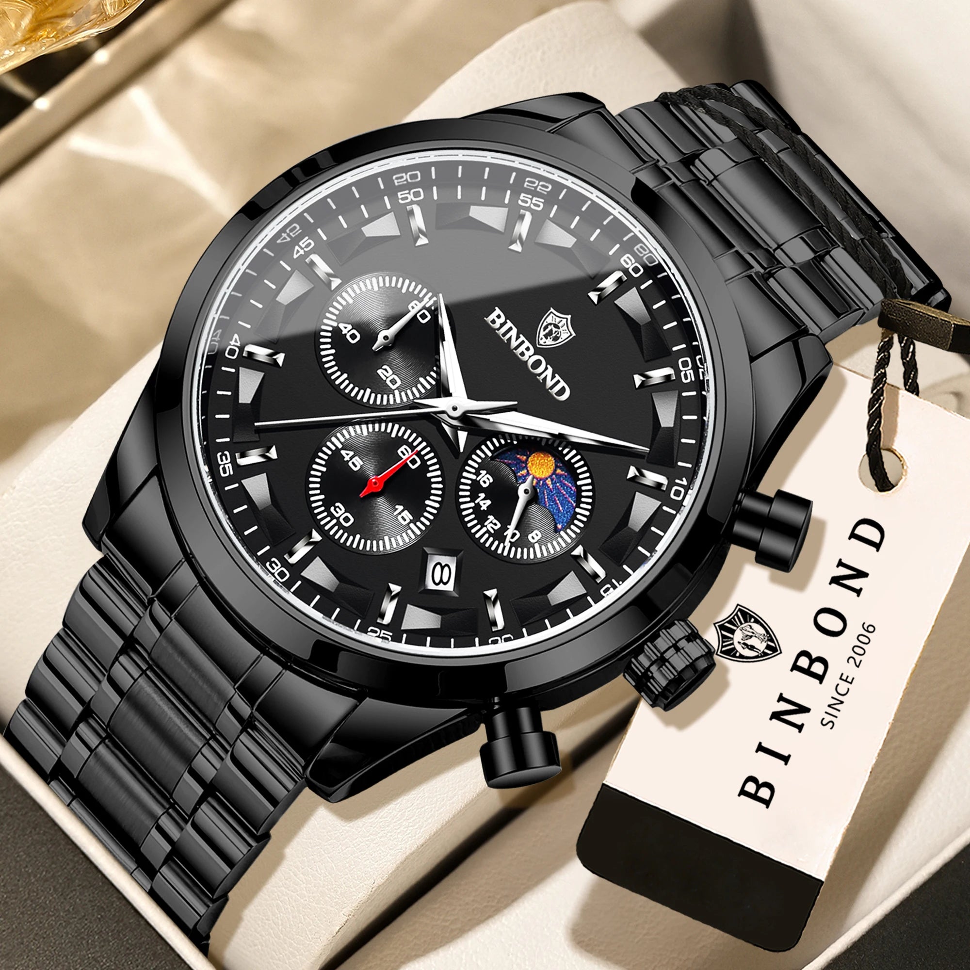 BINBOND Men’s Quartz Watch — luxury design with luminous hands, chronograph function, and auto date, combining business elegance with sporty style