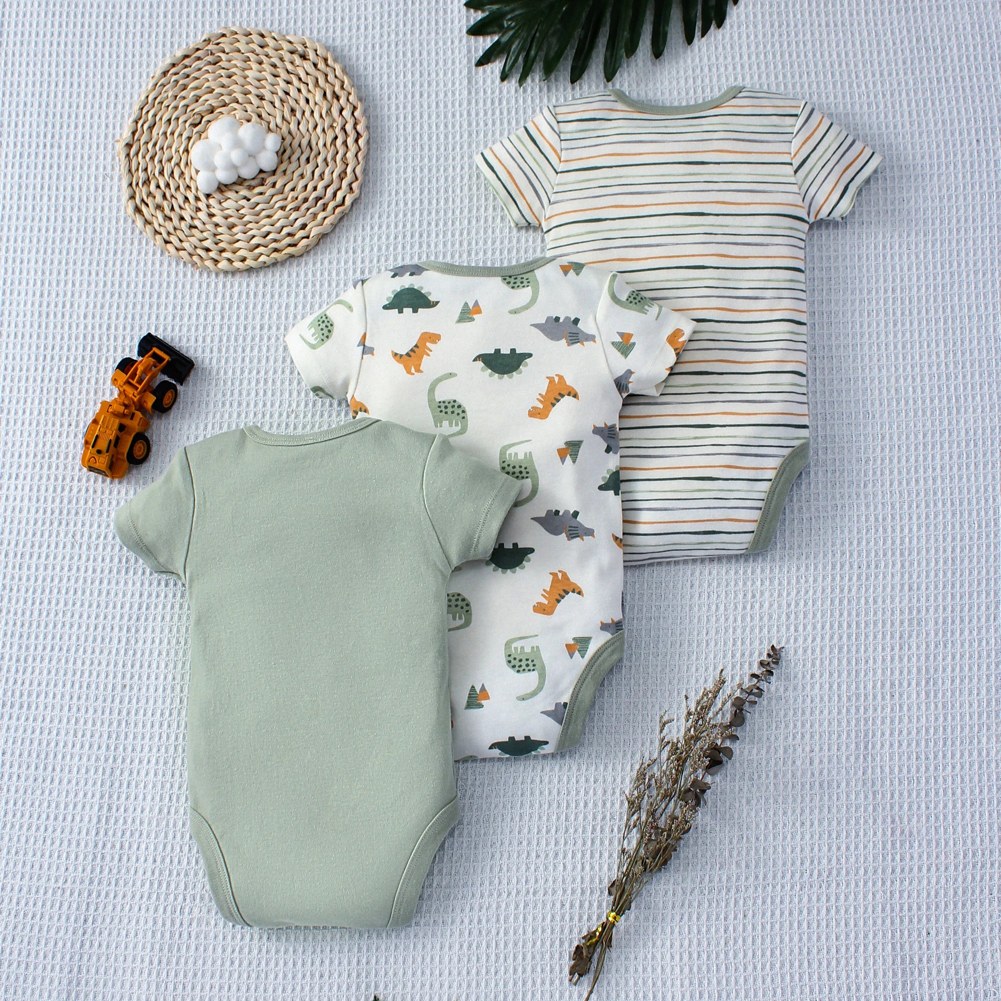 3PCS Summer Baby Bodysuit Set – Cartoon Dinosaur & Stripe Rompers for Baby Boys