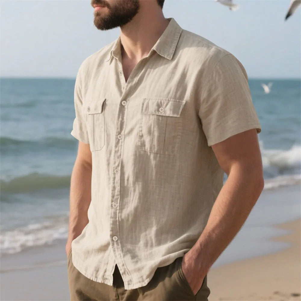 Summer Men’s Cotton Linen Short Sleeve Shirt – Casual Beach & Vacation Style