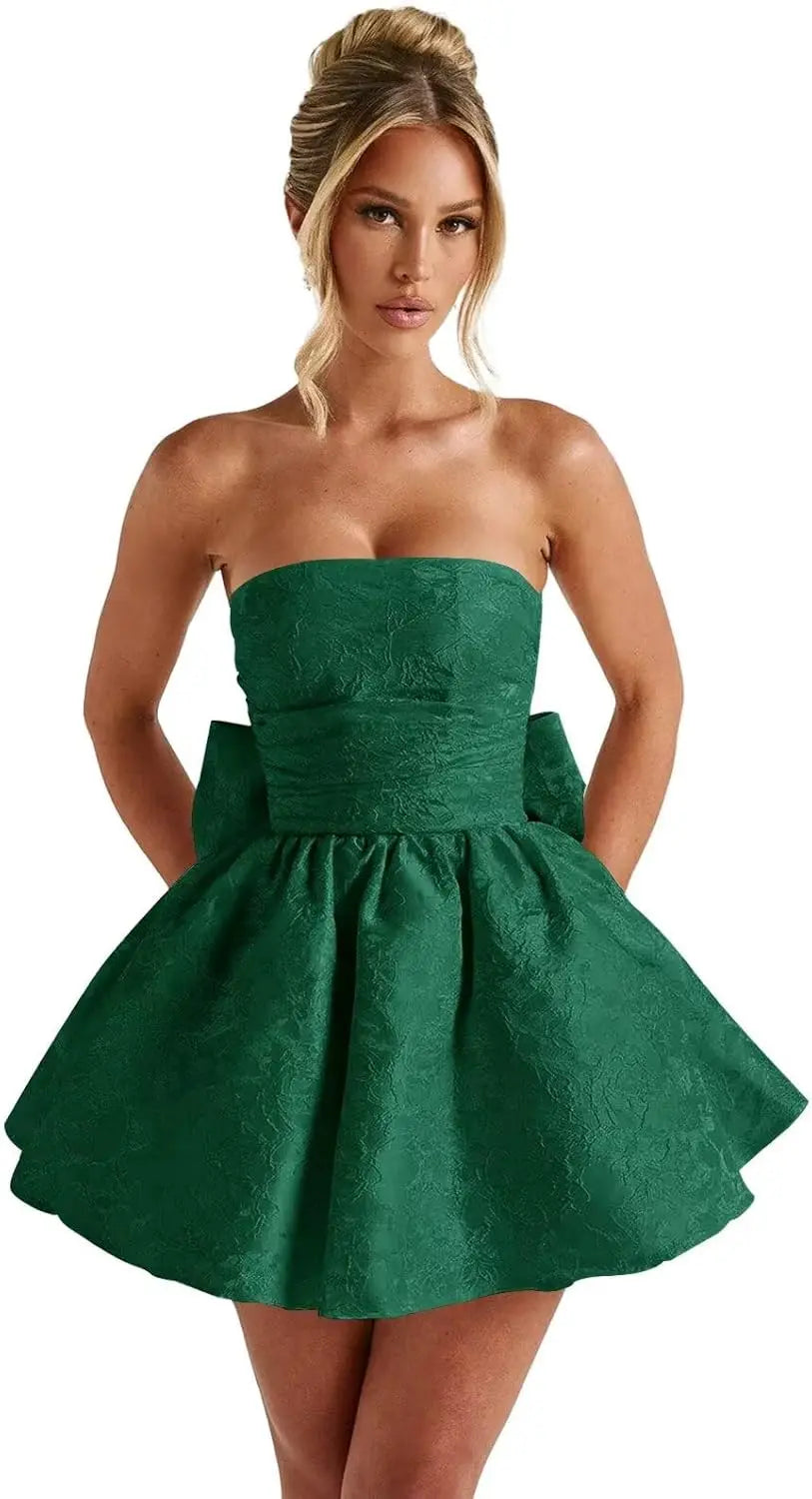 Make a dazzling entrance in this elegant strapless homecoming dress
