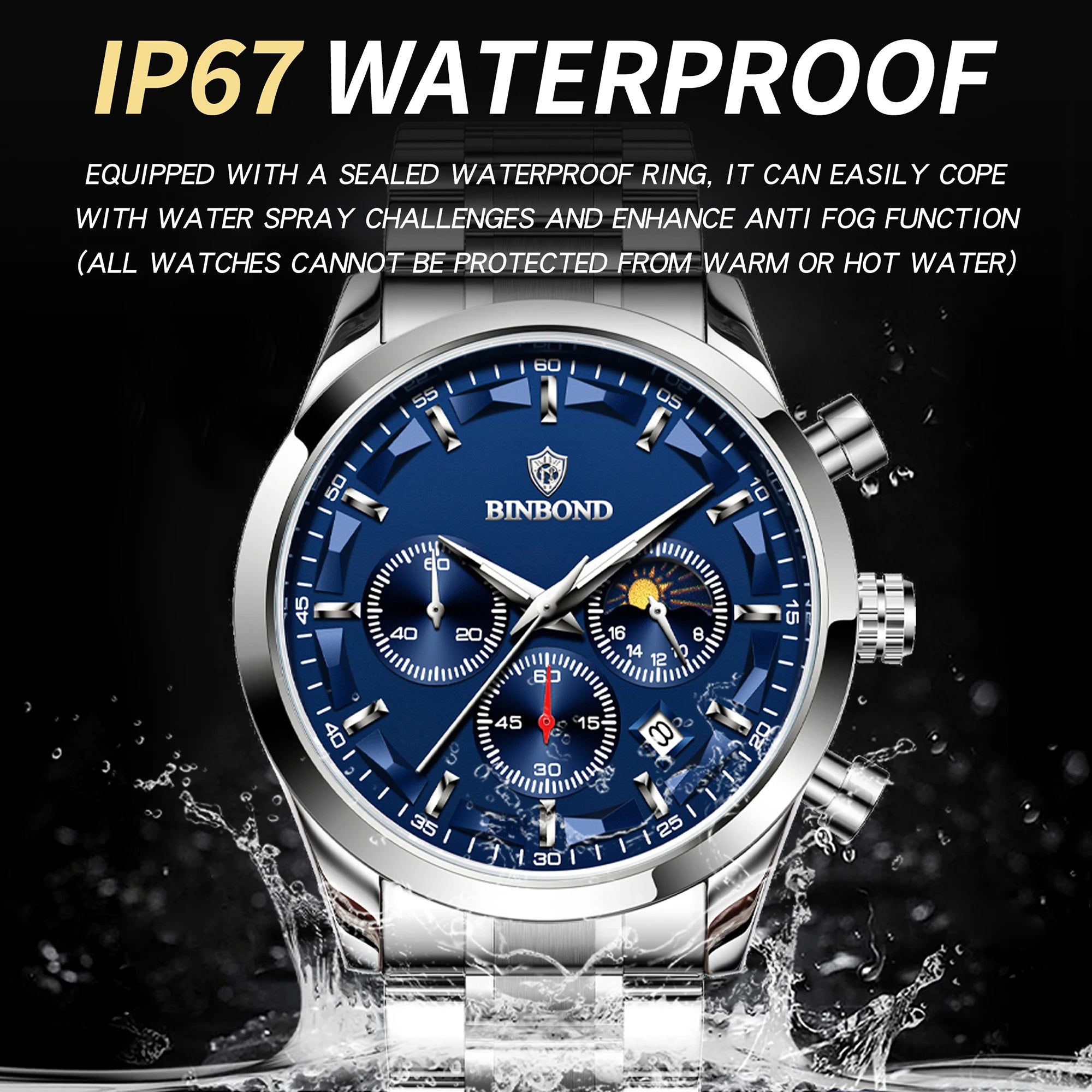BINBOND Men’s Quartz Watch — luxury design with luminous hands, chronograph function, and auto date, combining business elegance with sporty style
