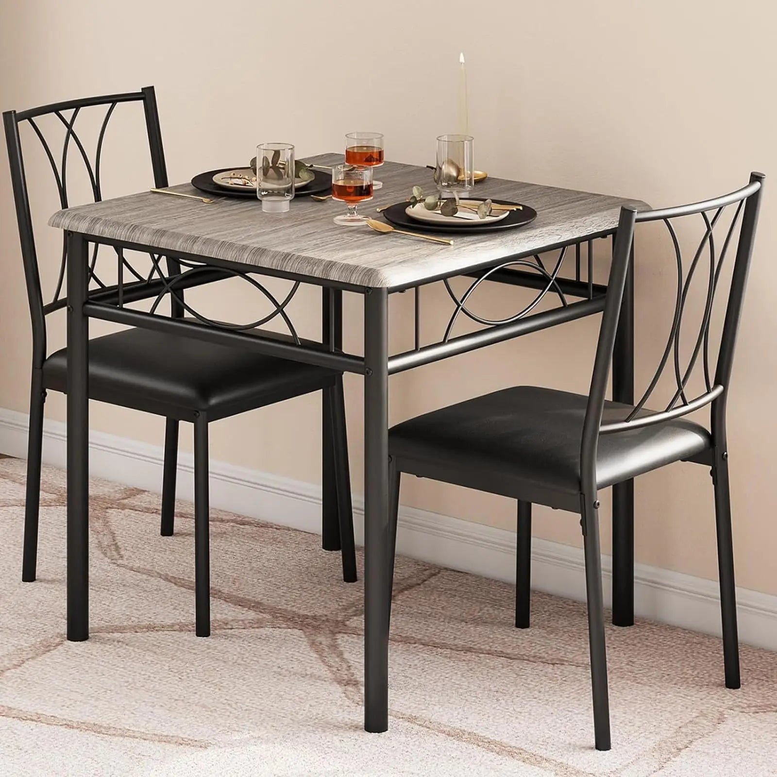 3-Piece Wood Dining Table Set for 2, Compact Square Kitchen Table Set with 2 Upholstered Chairs, Space-Saving Dining Set for Small Dining Rooms, Apartments & Kitchens