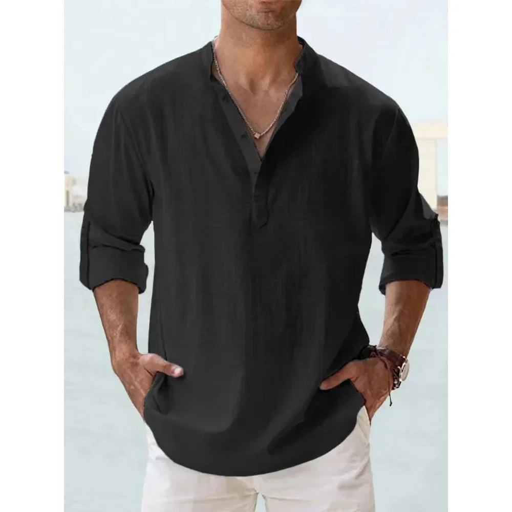 Men’s Cotton Linen Short-Sleeve Shirt – Hawaiian Vacation Style