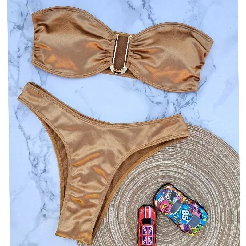 Women’s Summer Push-Up Bandeau Bikini Set – Solid Color Swimwear