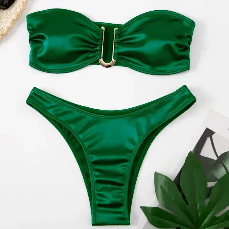 Women’s Summer Push-Up Bandeau Bikini Set – Solid Color Swimwear
