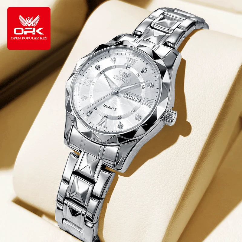 OPK Brand women's steel strip quartz watch dual calendar waterproof night light 6023