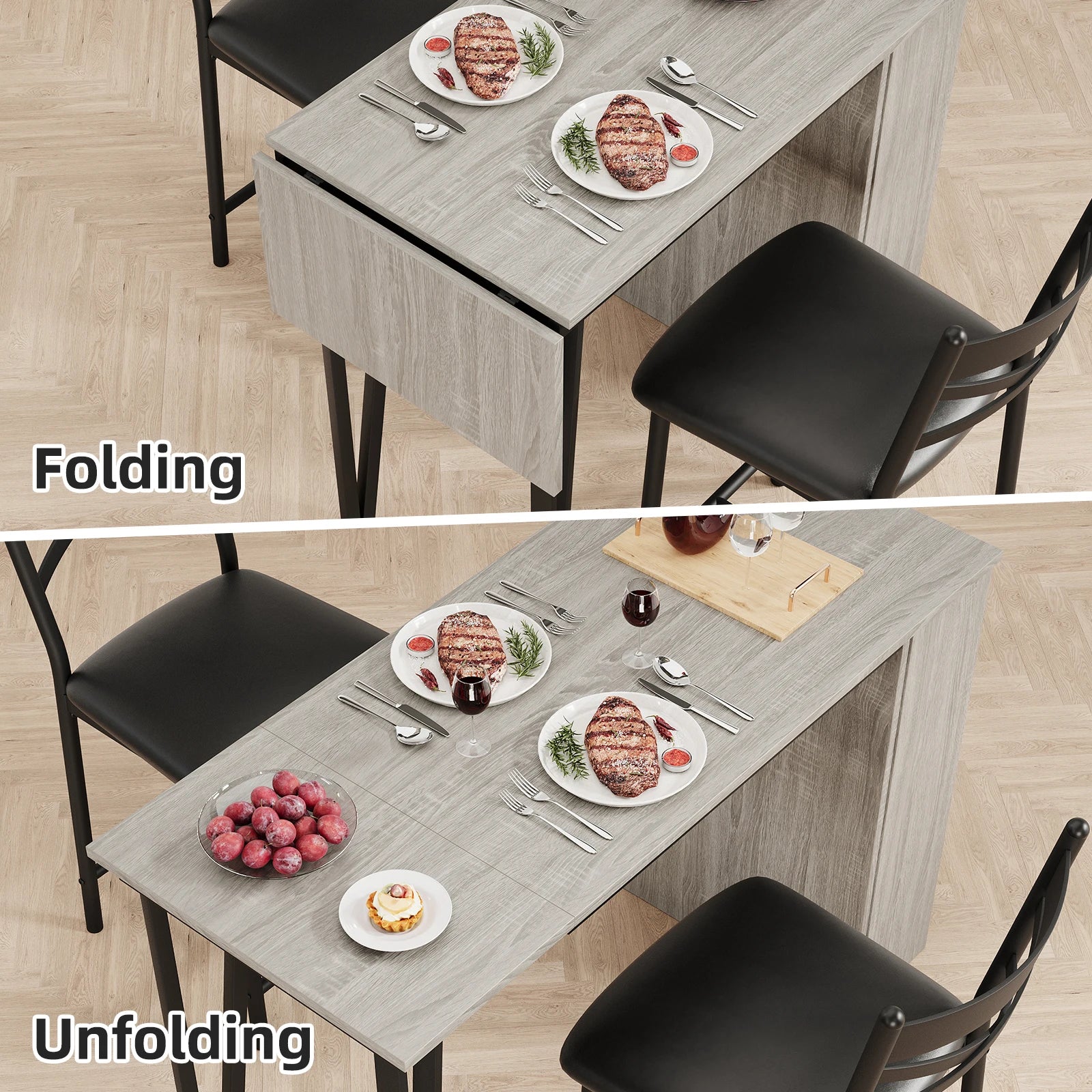 3-Piece Dining Room Table Set with 2 Upholstered Chairs & Storage Shelves, Space-Saving Breakfast Nook & Coffee Bar Table for Small Spaces