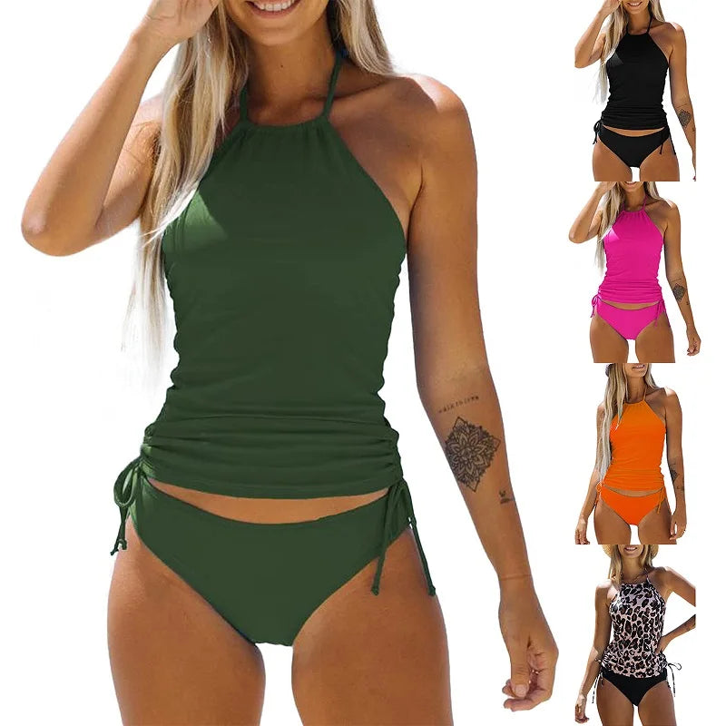 Women’s Two-Piece Tankini Swimwear – Elegant Solid Black Beach Set