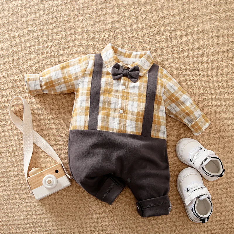 Handsome Gentleman Baby Romper – Soft Cotton Long Sleeve Bodysuit for Newborns
