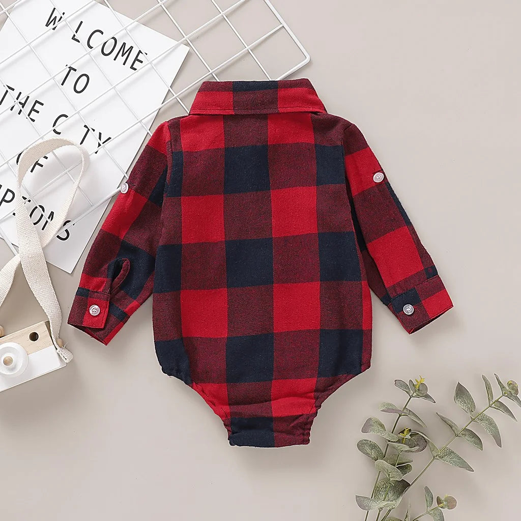 Gentleman Baby Boy Plaid Romper – Long Sleeve Lapel Shirt Jumpsuit for Toddlers