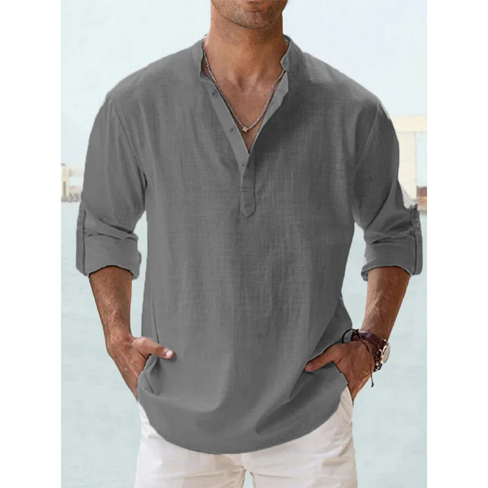 Men’s Cotton Linen Short-Sleeve Shirt – Hawaiian Vacation Style