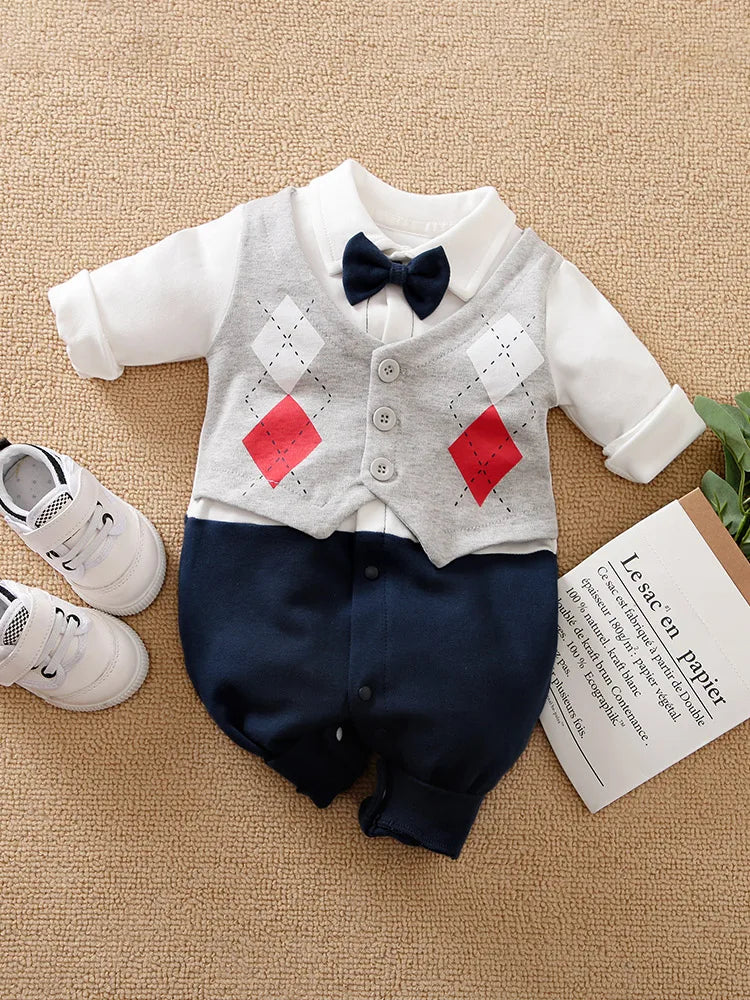 Handsome Gentleman Baby Romper – Soft Cotton Long Sleeve Bodysuit for Newborns