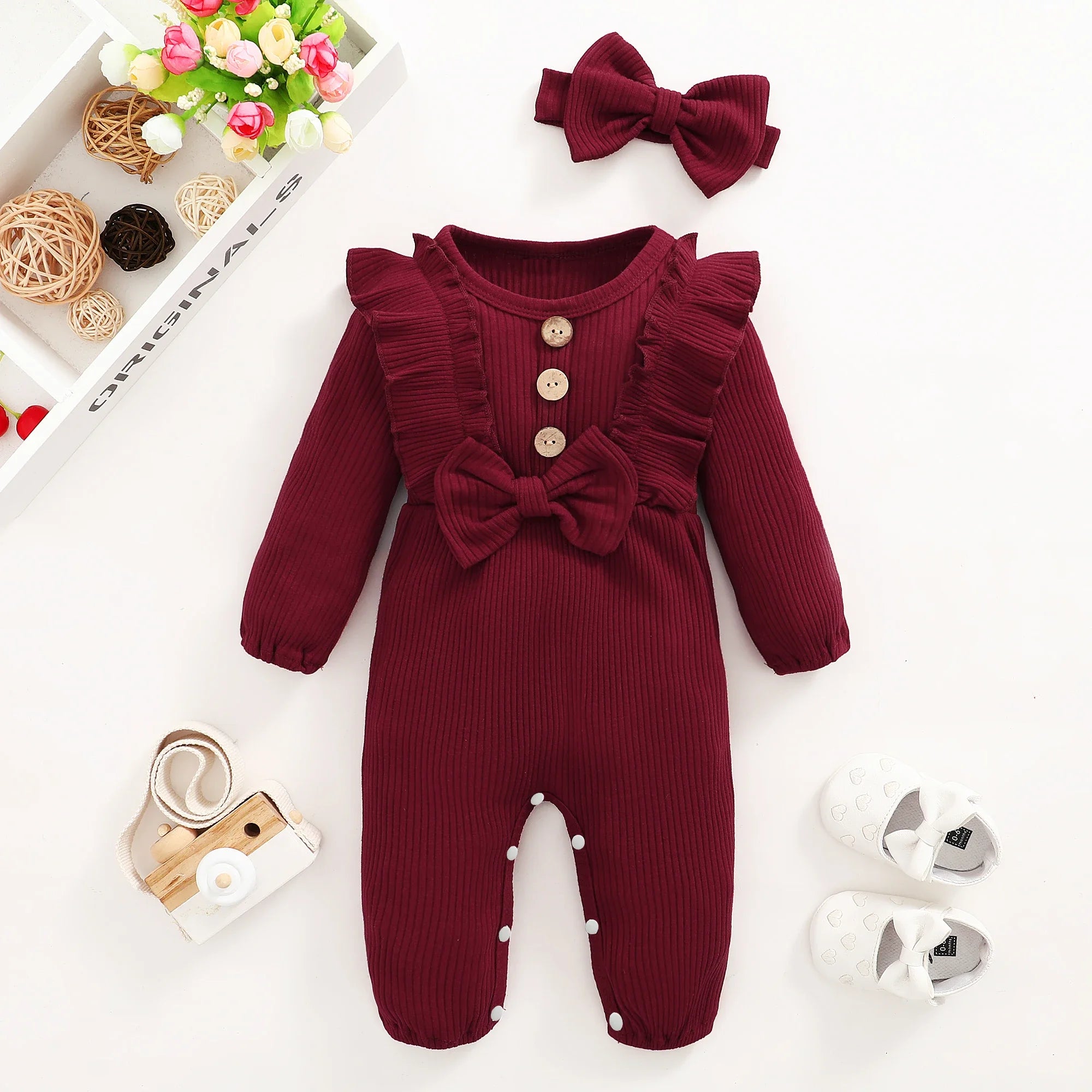 Newborn Baby Girl Ruffle Romper – Long Sleeve Onesie with Headband Set