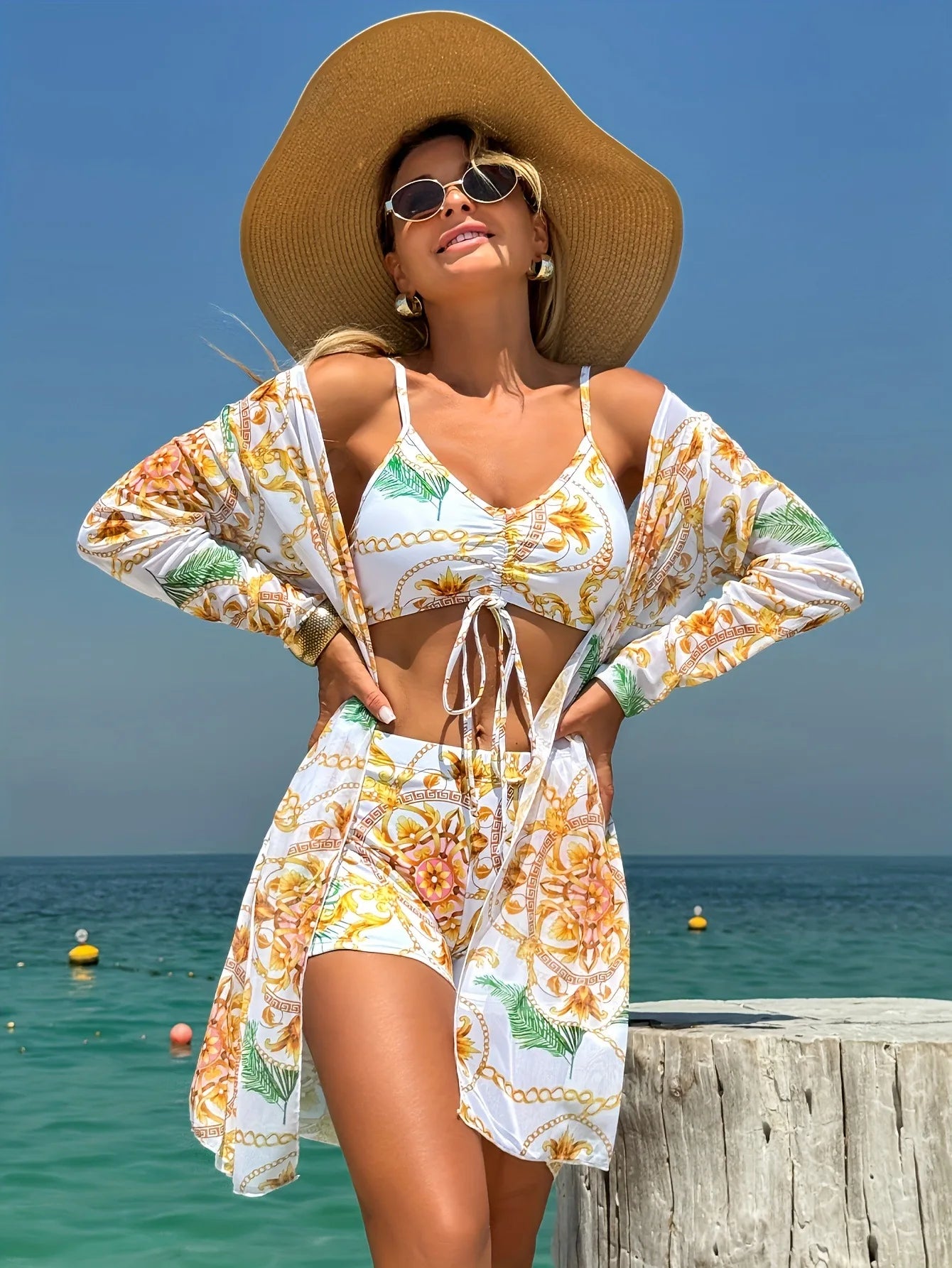 Women’s 3-Piece Bikini Set – High Waist Swimwear with Cover-Up