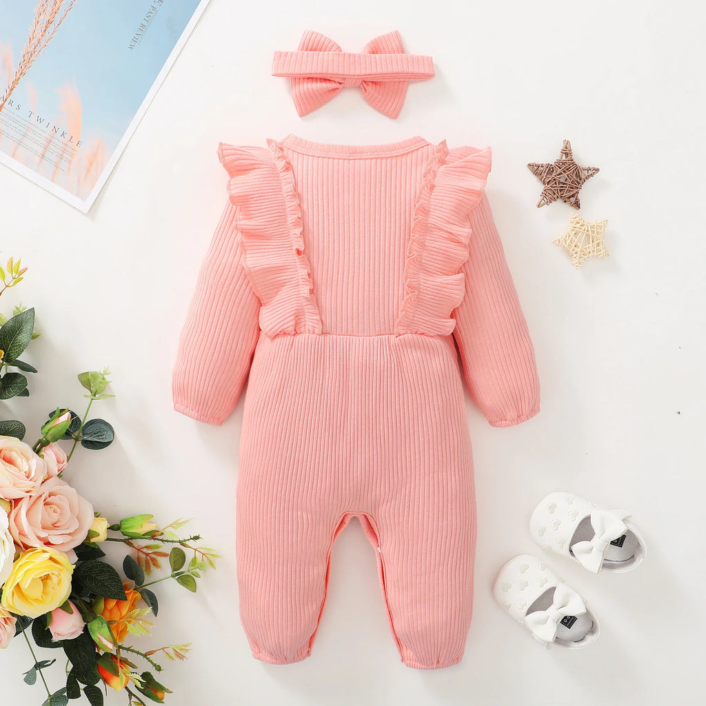 Newborn Baby Girl Ruffle Romper – Long Sleeve Onesie with Headband Set