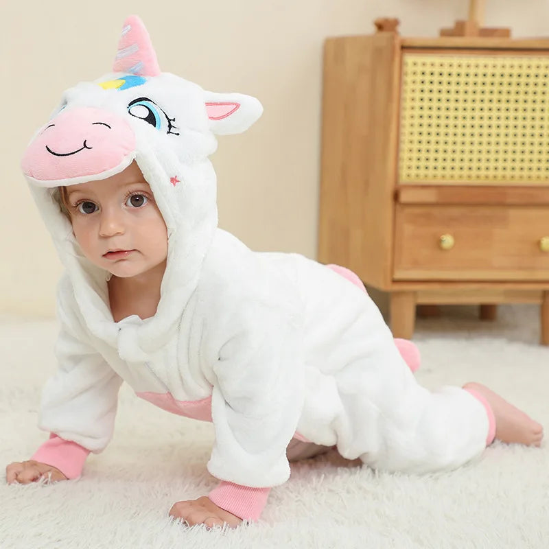 Winter Baby Stitch Romper – Hooded Flannel Cosplay Jumpsuit for Kids