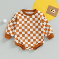 Checkered Baby Sweatshirt Romper – Oversized Long Sleeve Bubble Jumpsuit for Boys & Girls