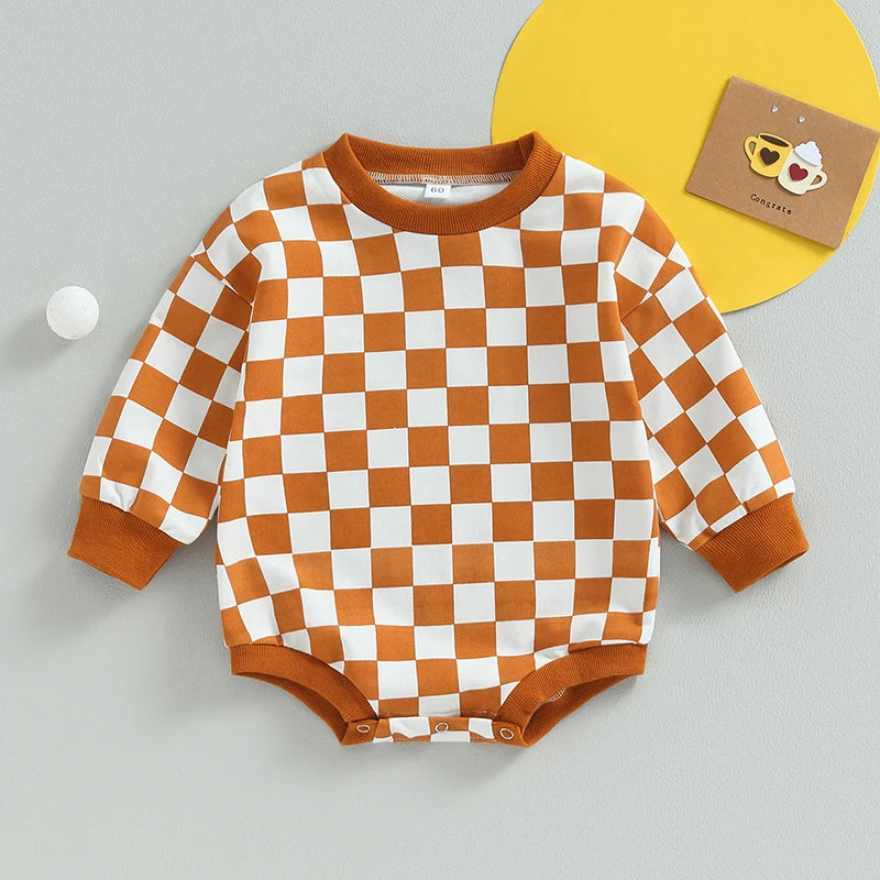 Checkered Baby Sweatshirt Romper – Oversized Long Sleeve Bubble Jumpsuit for Boys & Girls