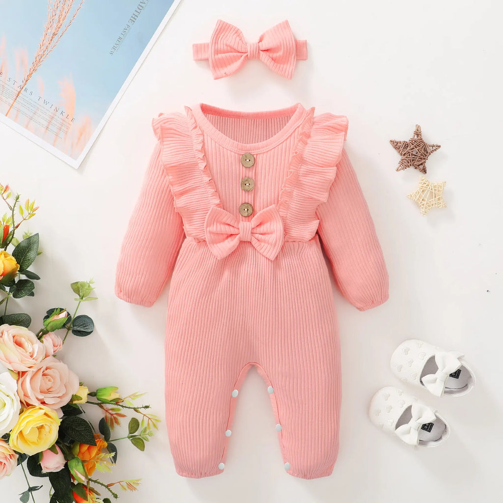 Baby Girl Ruffle Romper Set – Long Sleeve Onesie with Matching Headband