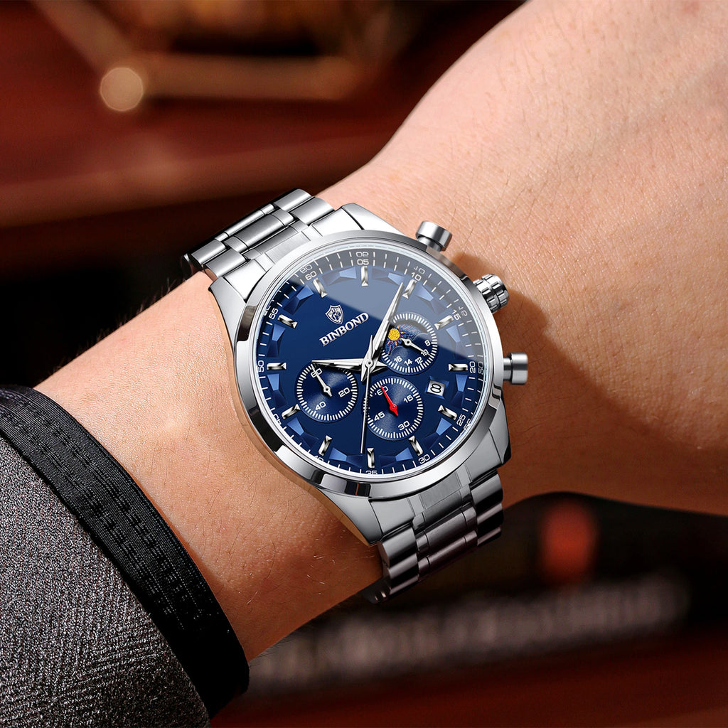 BINBOND Men’s Quartz Watch — luxury design with luminous hands, chronograph function, and auto date, combining business elegance with sporty style