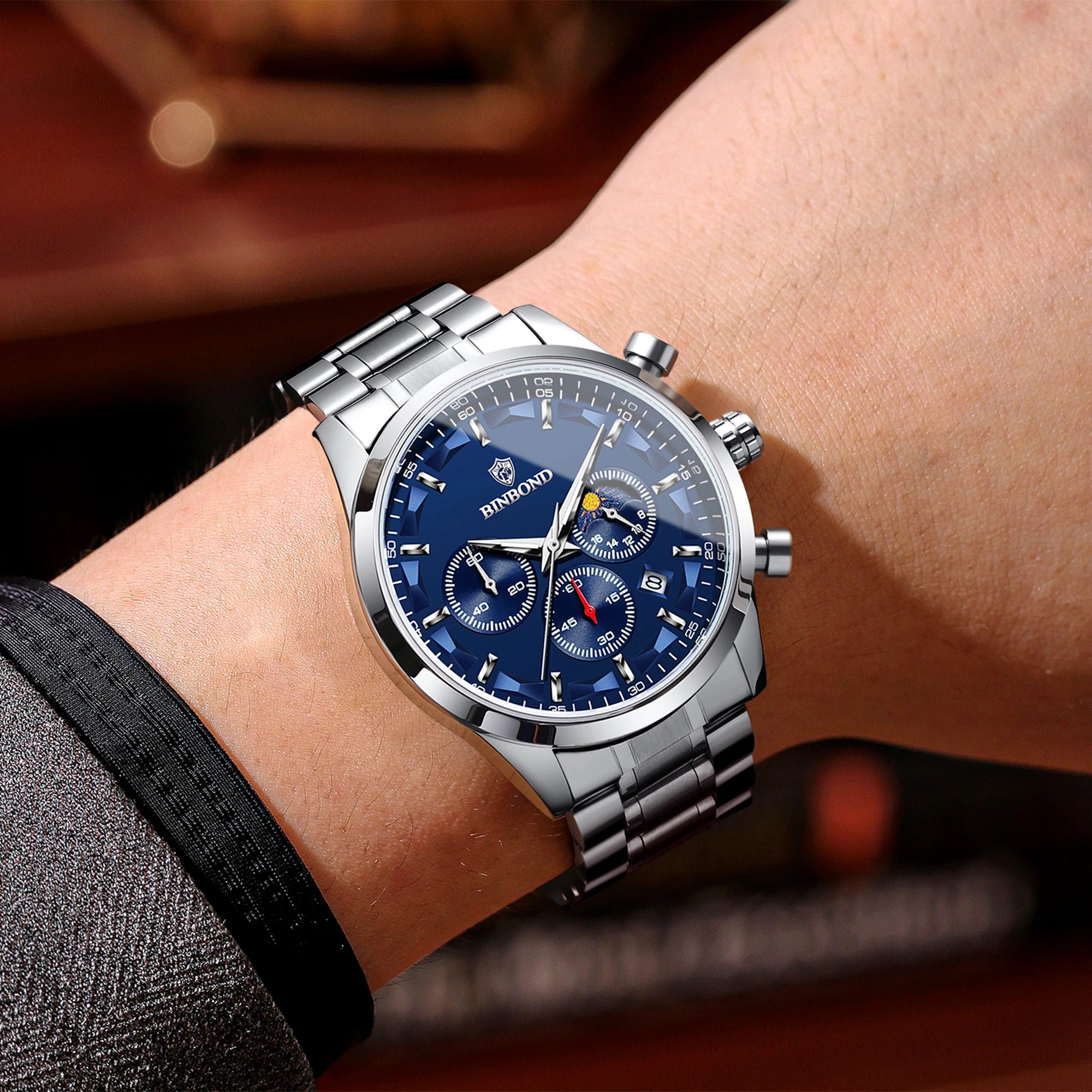 BINBOND Men’s Quartz Watch — luxury design with luminous hands, chronograph function, and auto date, combining business elegance with sporty style