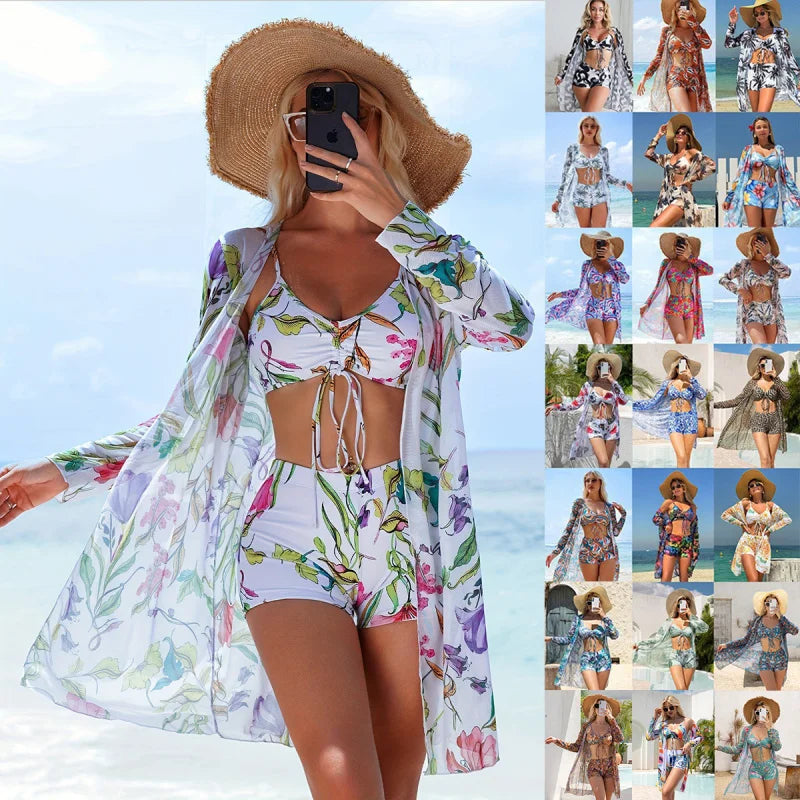 Women’s 3-Piece Bikini Set – High Waist Swimwear with Cover-Up