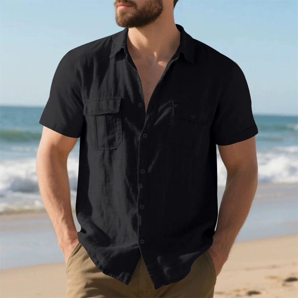 Summer Men’s Cotton Linen Short Sleeve Shirt – Casual Beach & Vacation Style