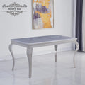 Wholesale Luxury Dining Table Set with Grey Solid Marble Top & 6 Grey Knocker Chairs, Stainless Steel Chrome Dining Table Set