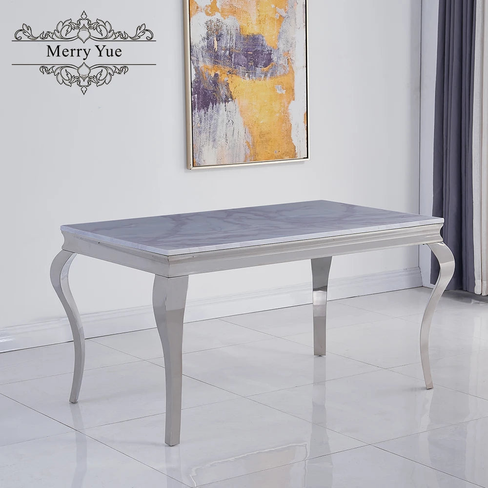 Wholesale Luxury Dining Table Set with Grey Solid Marble Top & 6 Grey Knocker Chairs, Stainless Steel Chrome Dining Table Set