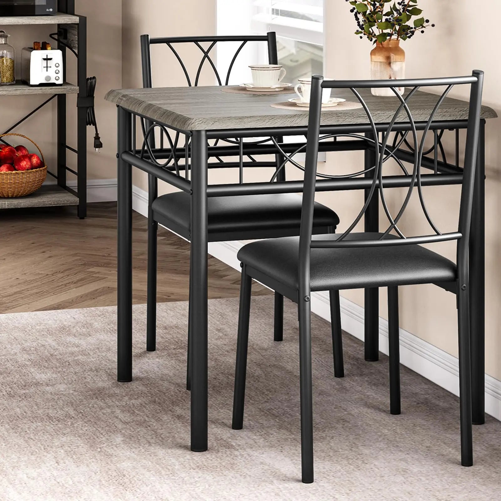 3-Piece Wood Dining Table Set for 2, Compact Square Kitchen Table Set with 2 Upholstered Chairs, Space-Saving Dining Set for Small Dining Rooms, Apartments & Kitchens