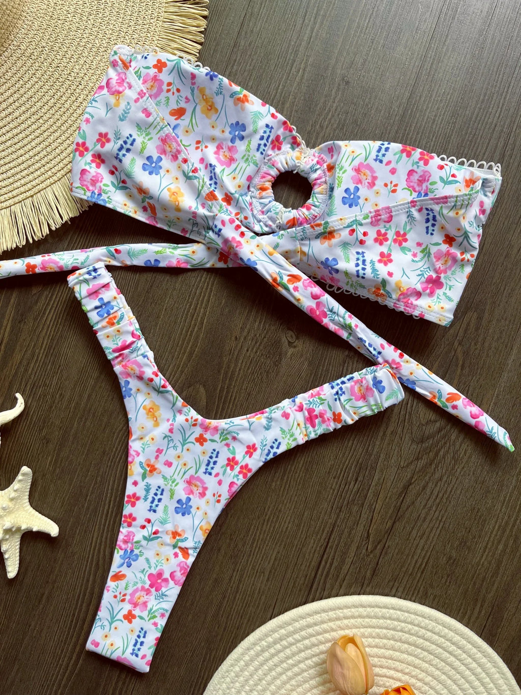 Women’s Floral Bandeau Bikini Set – High-Leg Thong Swimwear