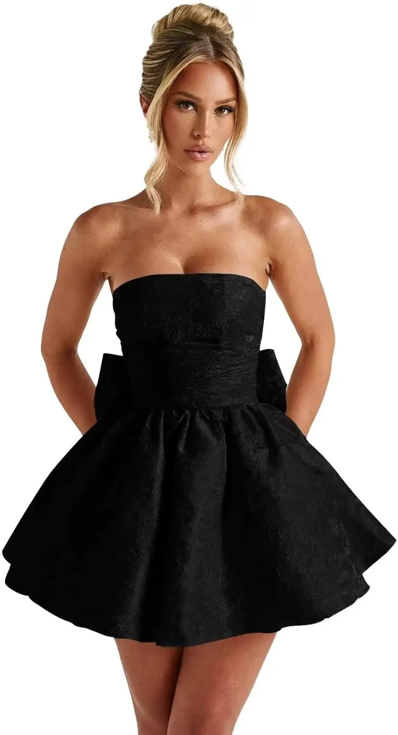 Make a dazzling entrance in this elegant strapless homecoming dress