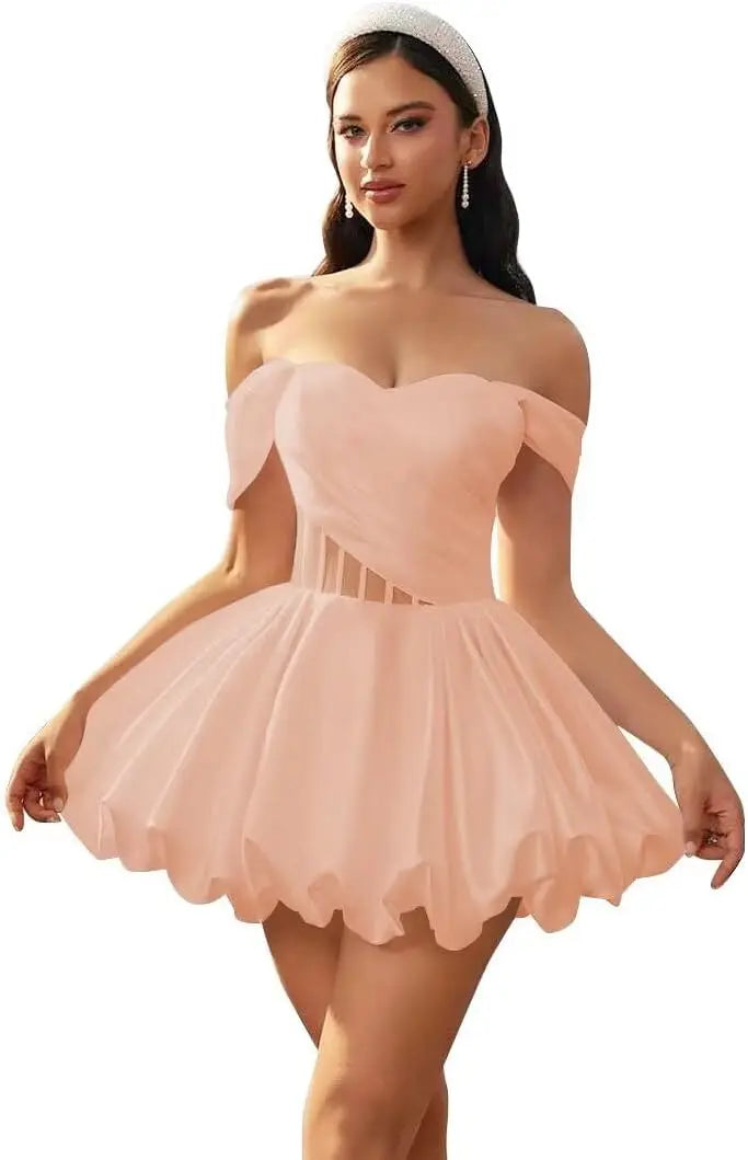 Make a graceful entrance in this elegant off-shoulder homecoming dress
