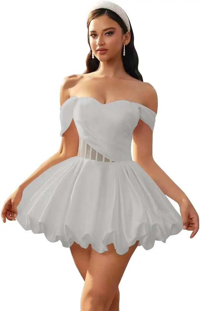 Make a graceful entrance in this elegant off-shoulder homecoming dress