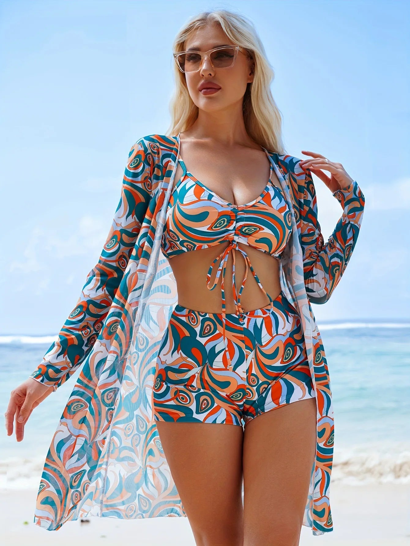 Women’s 3-Piece Bikini Set – High Waist Swimwear with Cover-Up
