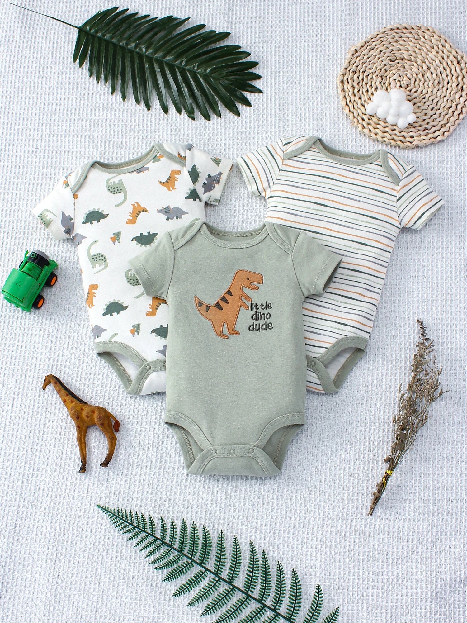 3PCS Summer Baby Bodysuit Set – Cartoon Dinosaur & Stripe Rompers for Baby Boys