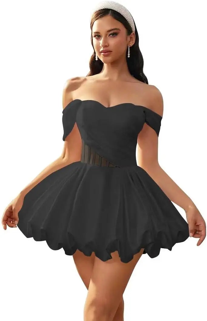 Make a graceful entrance in this elegant off-shoulder homecoming dress