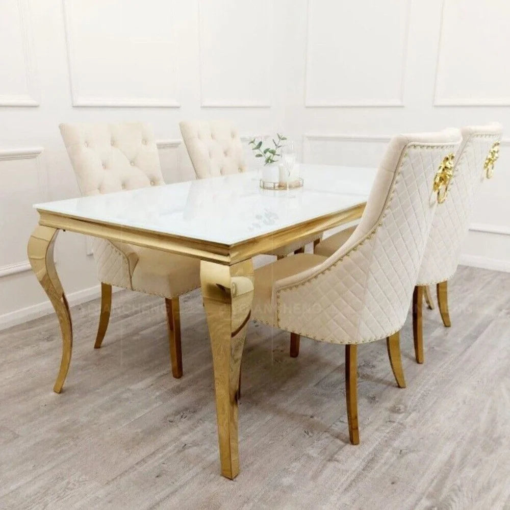 Wholesale Luxury Dining Table Set with Grey Solid Marble Top & 6 Grey Knocker Chairs, Stainless Steel Chrome Dining Table Set