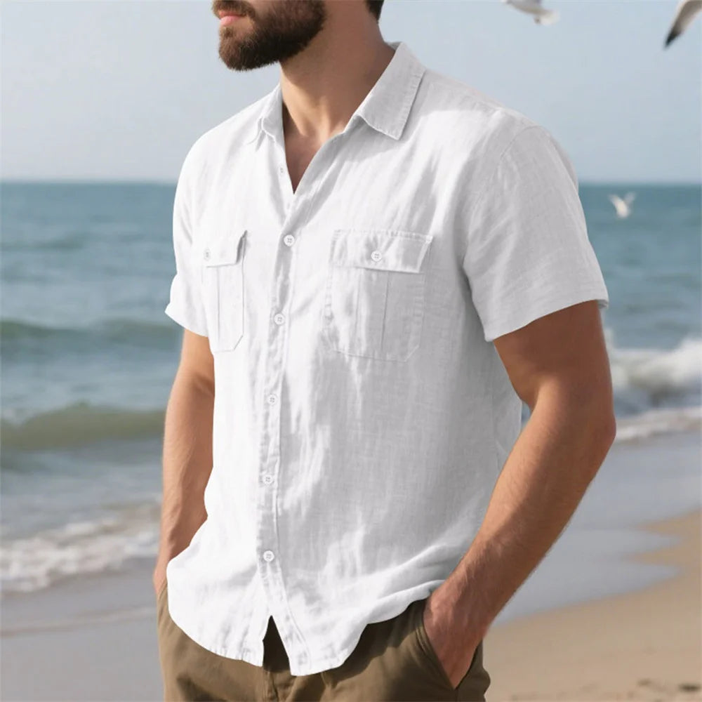 Summer Men’s Cotton Linen Short Sleeve Shirt – Casual Beach & Vacation Style