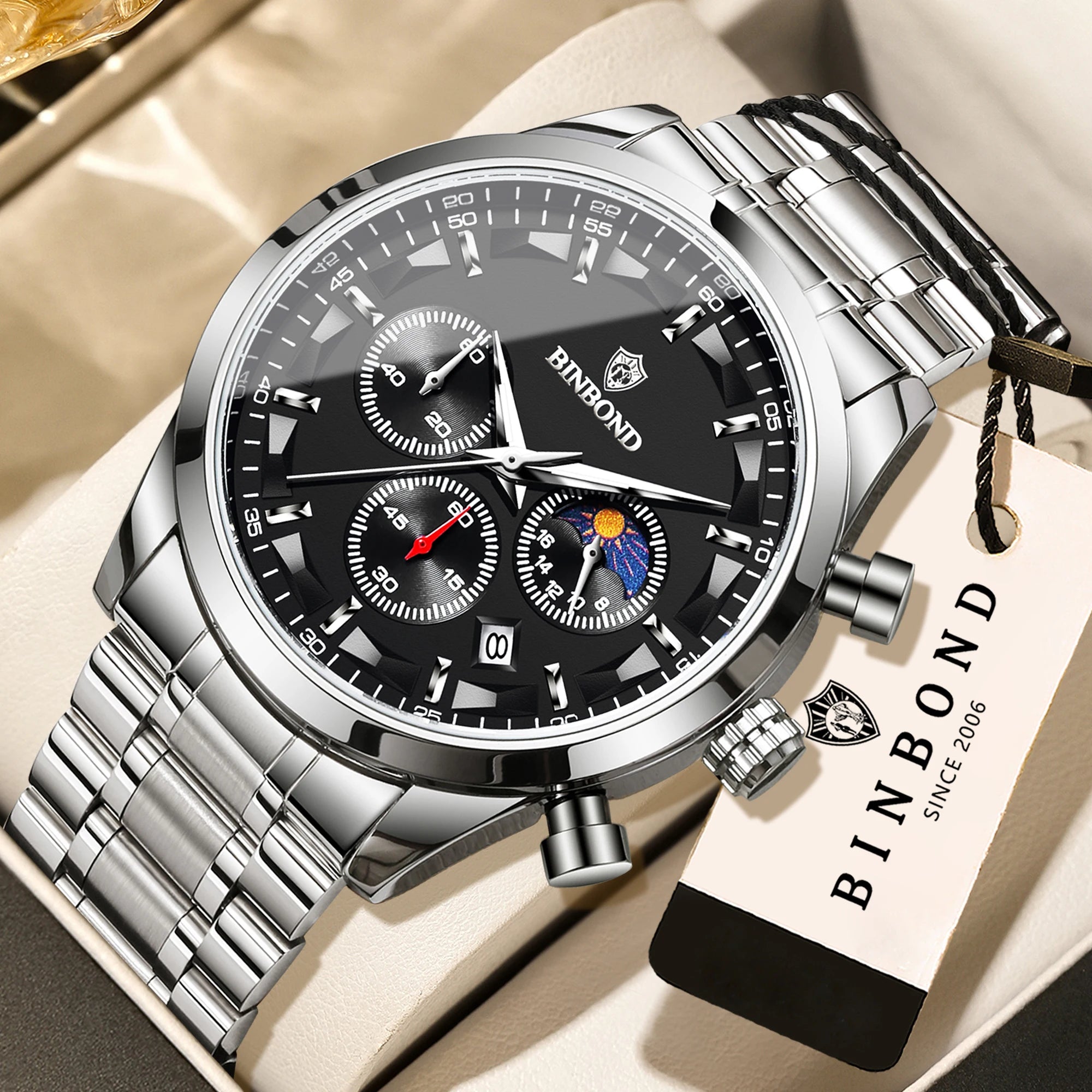 BINBOND Men’s Quartz Watch — luxury design with luminous hands, chronograph function, and auto date, combining business elegance with sporty style