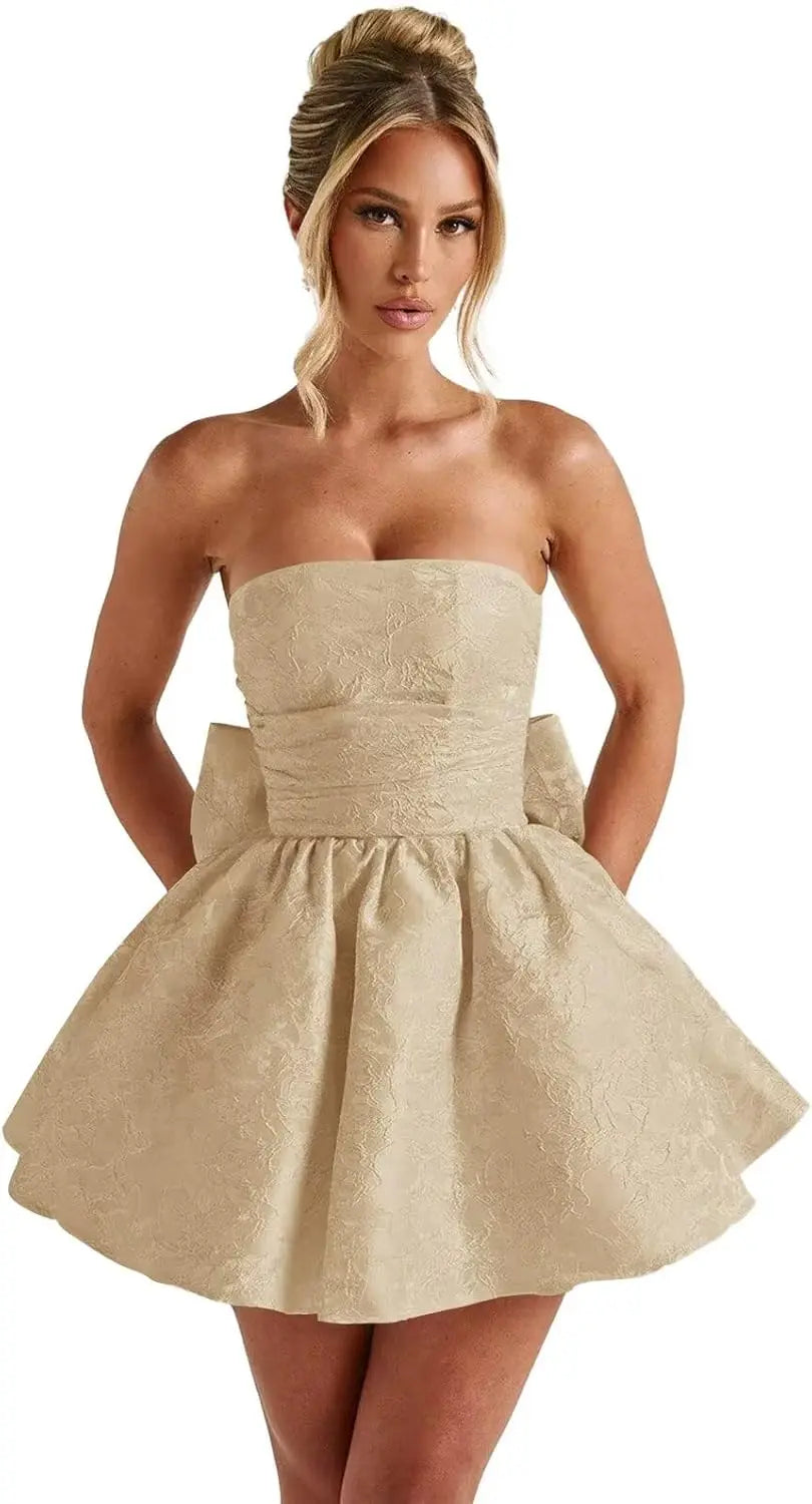 Make a dazzling entrance in this elegant strapless homecoming dress